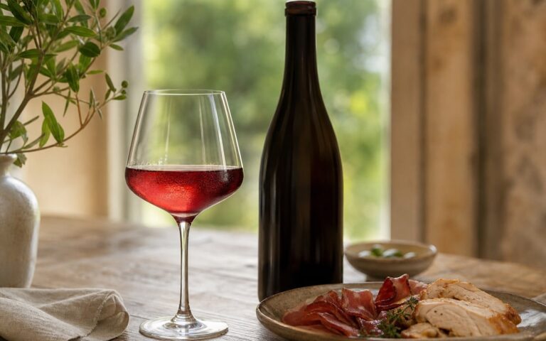 Verre de vin rouge léger avec bouteille sans étiquette, volaille et charcuterie sur une table lumineuse, sans texte ni personne