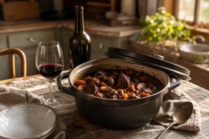 Cocotte de bœuf bourguignon avec un verre de vin rouge et une bouteille neutre