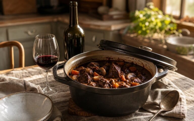 Cocotte de bœuf bourguignon avec un verre de vin rouge et une bouteille neutre