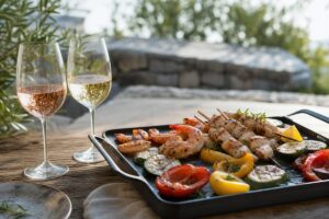 Plancha de crevettes, brochettes et légumes avec deux verres de vin sans texte ni personne