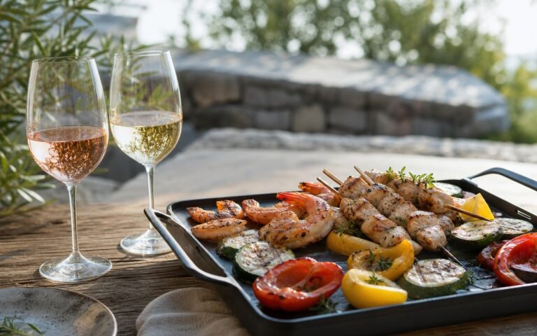 Plancha de crevettes, brochettes et légumes avec deux verres de vin sans texte ni personne