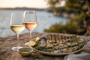 Poisson grillé au barbecue avec citron, herbes, un verre de vin blanc et un verre de rosé, sans texte ni personne
