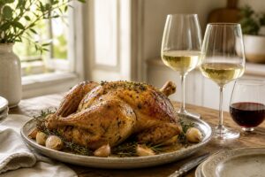 Poulet rôti doré servi avec deux verres de vin blanc et un verre de vin rouge léger