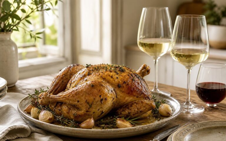 Poulet rôti doré servi avec deux verres de vin blanc et un verre de vin rouge léger