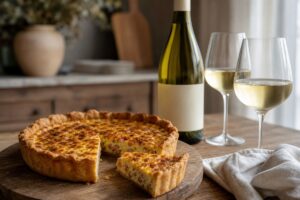 Quiche lorraine dorée servie avec deux verres de vin blanc et une bouteille sans étiquette lisible