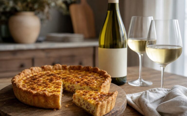 Quiche lorraine dorée servie avec deux verres de vin blanc et une bouteille sans étiquette lisible