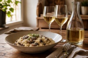Risotto aux champignons servi avec deux verres de vin blanc et une carafe sans étiquette