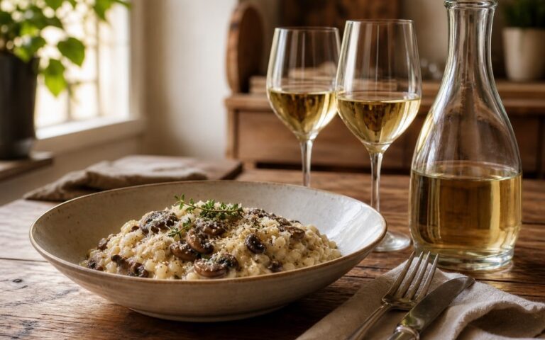 Risotto aux champignons servi avec deux verres de vin blanc et une carafe sans étiquette