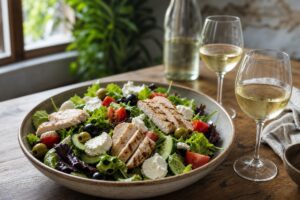 Salade composée servie avec deux verres de vin blanc