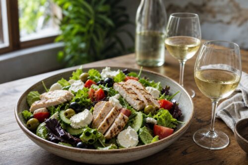 Salade composée servie avec deux verres de vin blanc