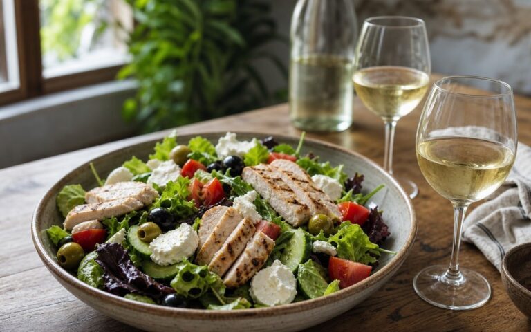 Salade composée servie avec deux verres de vin blanc