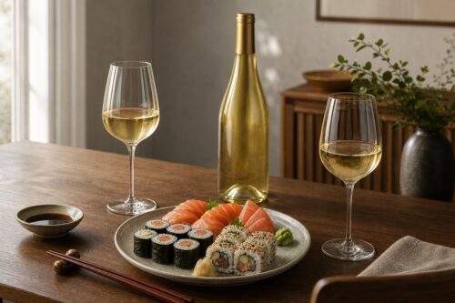 Plateau de sushis avec deux verres de vin blanc et une bouteille sans étiquette