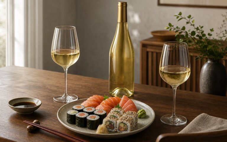 Plateau de sushis avec deux verres de vin blanc et une bouteille sans étiquette