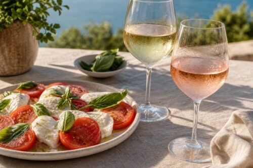 Assiette de tomates mozzarella avec basilic, un verre de vin blanc et un verre de rosé, sans texte ni personne