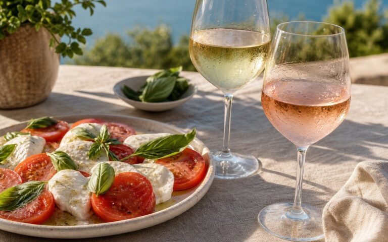 Assiette de tomates mozzarella avec basilic, un verre de vin blanc et un verre de rosé, sans texte ni personne