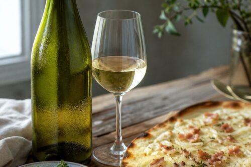 Bouteille sans étiquette et verre de vin blanc avec tarte flambée sur une table, sans texte ni personne