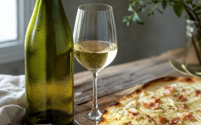 Bouteille sans étiquette et verre de vin blanc avec tarte flambée sur une table, sans texte ni personne
