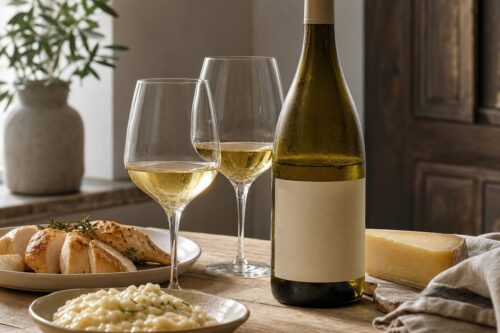 Bouteille de vin blanc de Bourgogne avec deux verres, poulet rôti, risotto et fromage sur une table, sans texte ni personne
