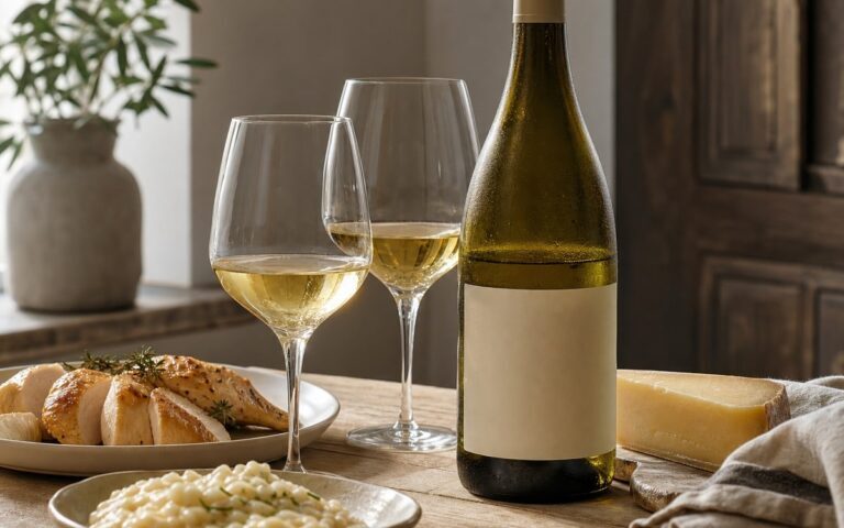 Bouteille de vin blanc de Bourgogne avec deux verres, poulet rôti, risotto et fromage sur une table, sans texte ni personne