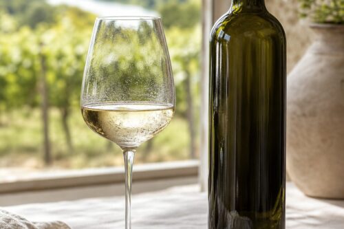 Verre de vin blanc frais avec bouteille sans étiquette, fromage de chèvre et pain sur une table lumineuse, sans texte ni personne