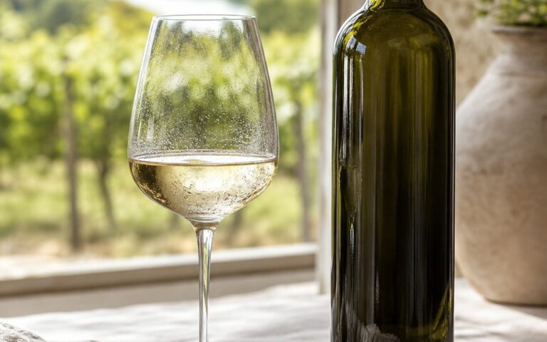 Verre de vin blanc frais avec bouteille sans étiquette, fromage de chèvre et pain sur une table lumineuse, sans texte ni personne