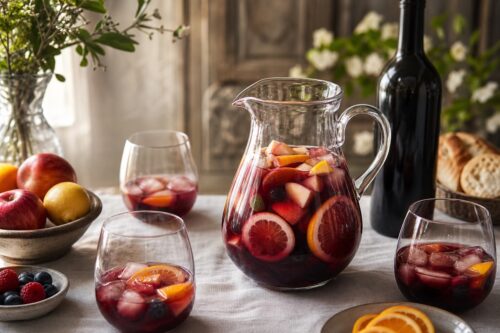 Carafe de sangria rouge aux fruits sur une table avec verres et bouteille sans étiquette