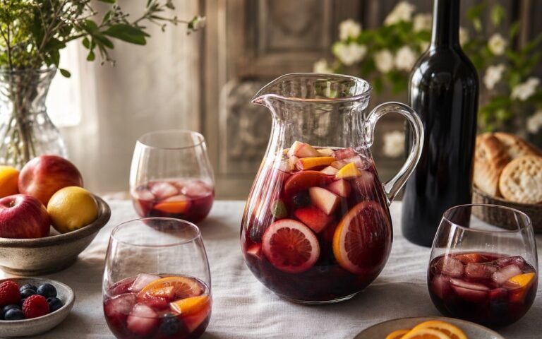 Carafe de sangria rouge aux fruits sur une table avec verres et bouteille sans étiquette