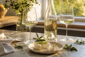 Deux verres de sauvignon blanc avec une bouteille sans étiquette et du fromage de chèvre