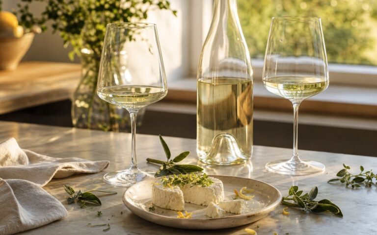 Deux verres de sauvignon blanc avec une bouteille sans étiquette et du fromage de chèvre