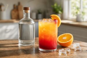 Cocktail Tequila Sunrise orange et rouge avec orange et glaçons, sans texte ni personne