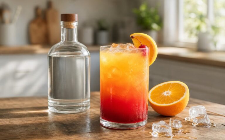 Cocktail Tequila Sunrise orange et rouge avec orange et glaçons, sans texte ni personne