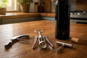 Trois tire-bouchons posés sur une table en bois avec une bouteille de vin sans étiquette