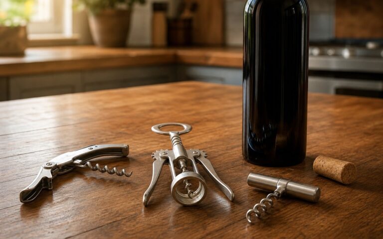 Trois tire-bouchons posés sur une table en bois avec une bouteille de vin sans étiquette