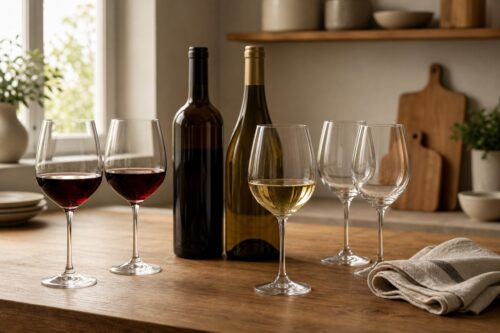 Verres à vin tulipe universels avec bouteilles sans étiquette lisible sur une table de cuisine sans personne ni texte