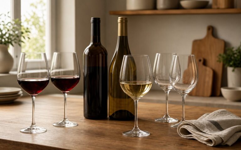 Verres à vin tulipe universels avec bouteilles sans étiquette lisible sur une table de cuisine sans personne ni texte