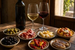 Table de tapas avec olives, jambon, fromage, poivrons, anchois, deux verres de vin et une bouteille sans étiquette