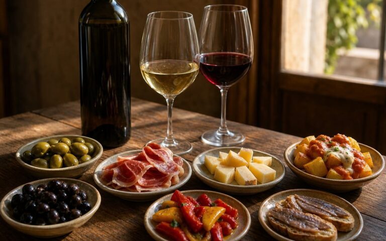 Table de tapas avec olives, jambon, fromage, poivrons, anchois, deux verres de vin et une bouteille sans étiquette