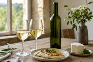 Deux verres de vin blanc sec avec une bouteille sans étiquette, du poisson grillé et du fromage frais