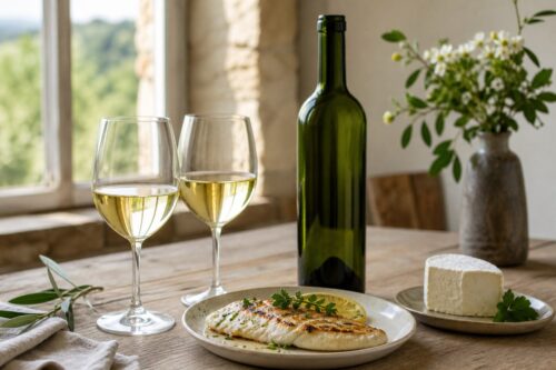 Deux verres de vin blanc sec avec une bouteille sans étiquette, du poisson grillé et du fromage frais