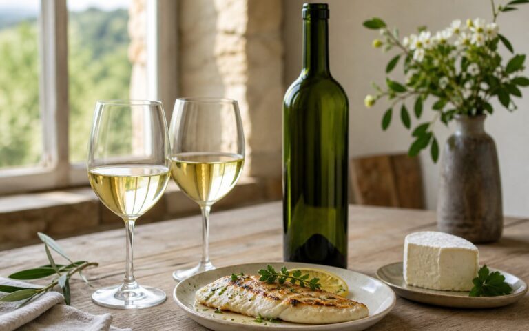 Deux verres de vin blanc sec avec une bouteille sans étiquette, du poisson grillé et du fromage frais