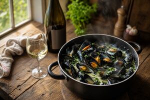 Casserole de moules marinières fumantes avec un verre de vin blanc et une bouteille sans marque