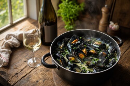 Casserole de moules marinières fumantes avec un verre de vin blanc et une bouteille sans marque