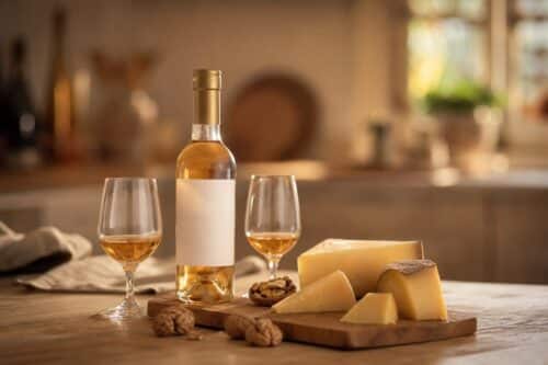 Petits verres de vin doux ambré avec comté affiné et noix sur une table, sans texte ni personne