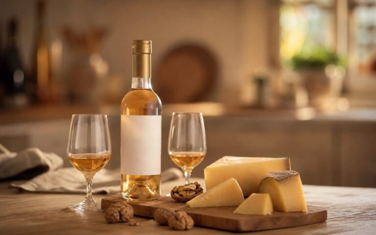 Petits verres de vin doux ambré avec comté affiné et noix sur une table, sans texte ni personne