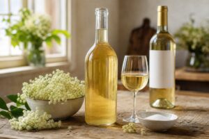 Bouteille de vin de sureau maison avec fleurs de sureau sur une table