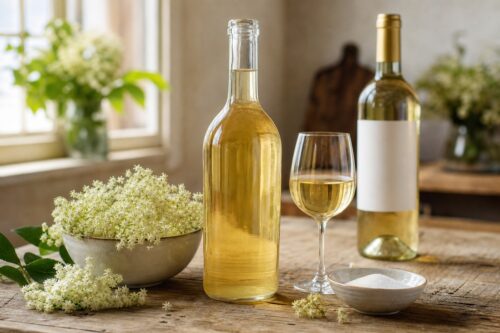 Bouteille de vin de sureau maison avec fleurs de sureau sur une table
