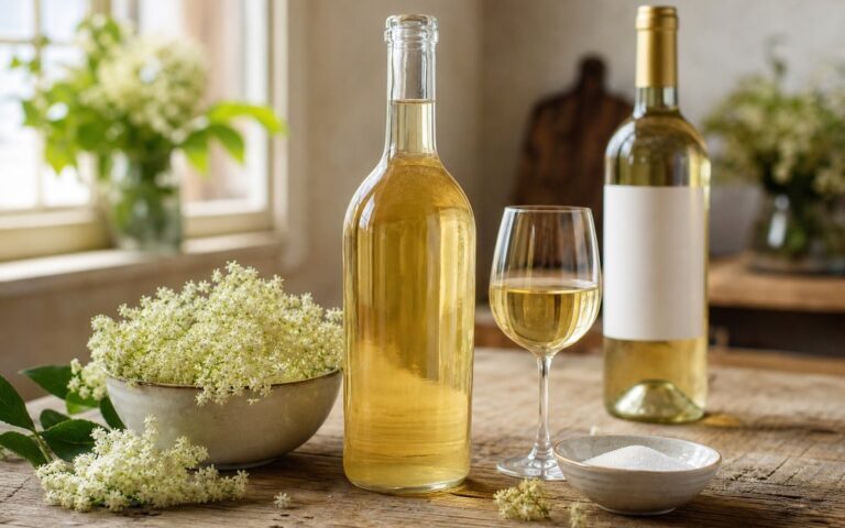 Bouteille de vin de sureau maison avec fleurs de sureau sur une table
