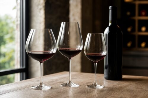 Trois verres à vin rouge propres sur une table en bois avec une bouteille sans étiquette