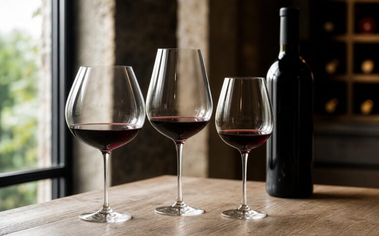 Trois verres à vin rouge propres sur une table en bois avec une bouteille sans étiquette