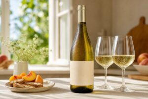 Bouteille de vin doux pétillant à étiquette vierge avec deux verres, pêches et biscuits aux amandes